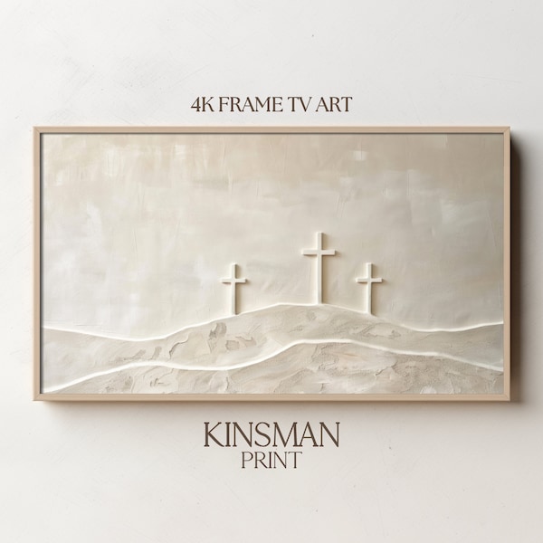 Easter Samsung Frame TV Art, 3D Modern Minimalist Painting of Golgotha, Christian Cross, He Is Risen, Religious Art Prints, Neutral Wall Art