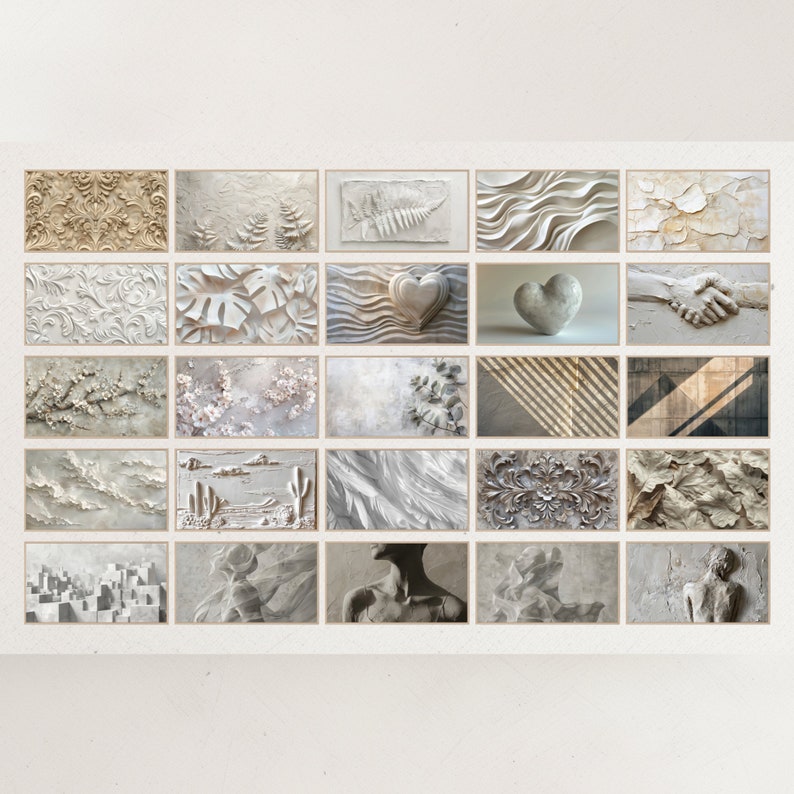 May include: A selection of rectangular wall art panels with bas-relief designs. The panels display diverse textures and subjects, including floral patterns, natural elements, abstract forms, and human figures, all in neutral tones.