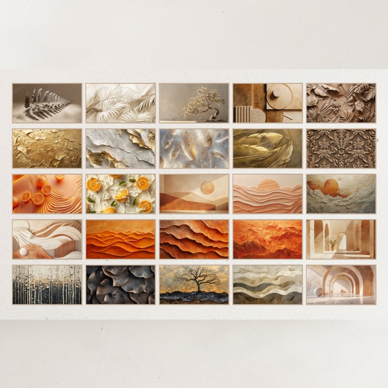 May include: A selection of rectangular wall art prints. The prints display diverse abstract designs, including botanical motifs, landscapes, and textured patterns in neutral and warm hues. Some prints feature oranges and architectural details.