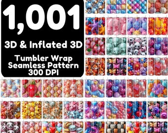 1,001 3D & Inflated 3D Sublimation Designs, Seamless Pattern, Tumbler Wrap, 3D, Commercial Use