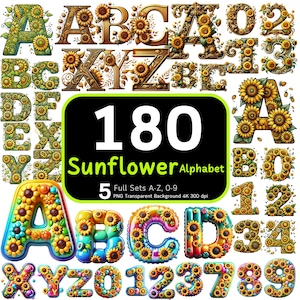 180 alfabetos e números de girassol, letras de girassol, letras infláveis, clipart de girassol, PNG de girassol, conjunto de alfabeto, pacote de alfabeto
