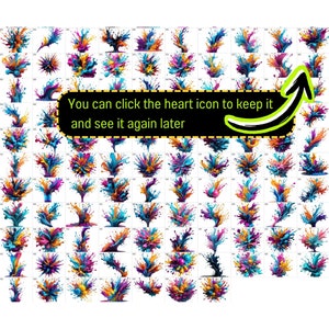May include: A grid of 64 images showing colorful paint splatters in various shapes and sizes. The paint is a mix of blue, yellow, pink, and purple.