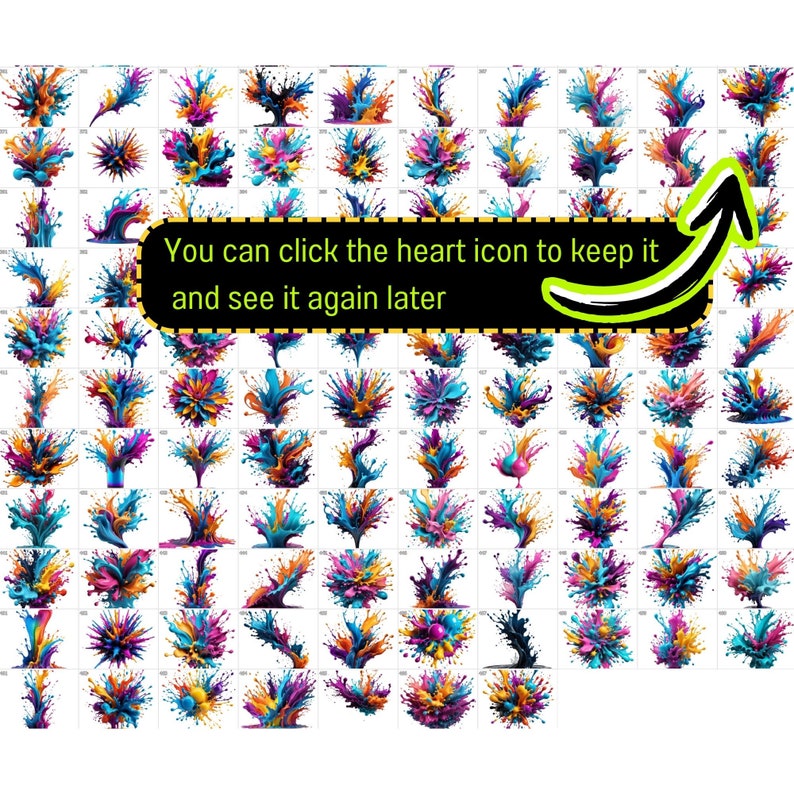 May include: A grid of 64 images showing colorful paint splatters in various shapes and sizes. The paint is a mix of blue, yellow, pink, and purple.