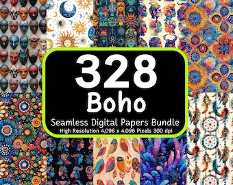 May include: A digital paper bundle with 328 seamless patterns in a boho style. The patterns feature colorful designs with masks, birds, feathers, flowers, and geometric shapes. The bundle is high resolution, 4,096 x 4,096 pixels, and 300 dpi.