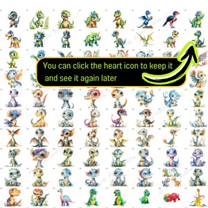 May include: A collection of 64 watercolor illustrations of cute baby dragons in various poses and colors. The dragons are depicted with wings, horns, and scales. Some dragons are holding flowers, hearts, or other objects. The illustrations are perfect for use in digital scrapbooking, card making, or other creative projects.