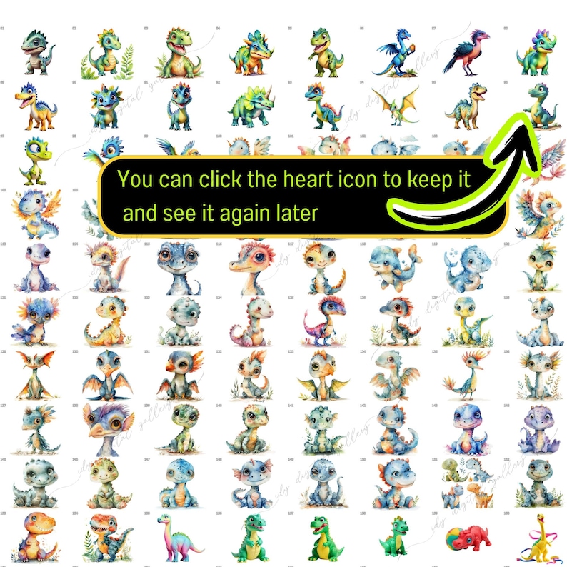 May include: A collection of 64 watercolor illustrations of cute baby dragons in various poses and colors. The dragons are depicted with wings, horns, and scales. Some dragons are holding flowers, hearts, or other objects. The illustrations are perfect for use in digital scrapbooking, card making, or other creative projects.