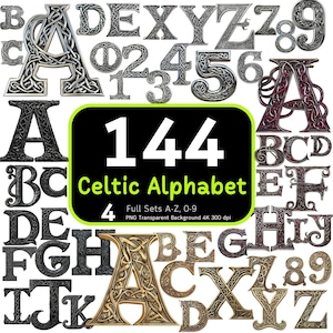 144 Keltisch alfabet en cijfers, Keltische letters, oude alfabetten, Keltische png, alfabetnummerpakket, alfabetsublimatie, ClipArt-bundel