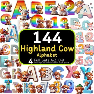 144 Pacote de alfabeto e números de vaca Highland, Cute Highland Cow PNG, Alfabeto fofo, Sublimação de alfabeto, Pacote de alfabeto, Download digital
