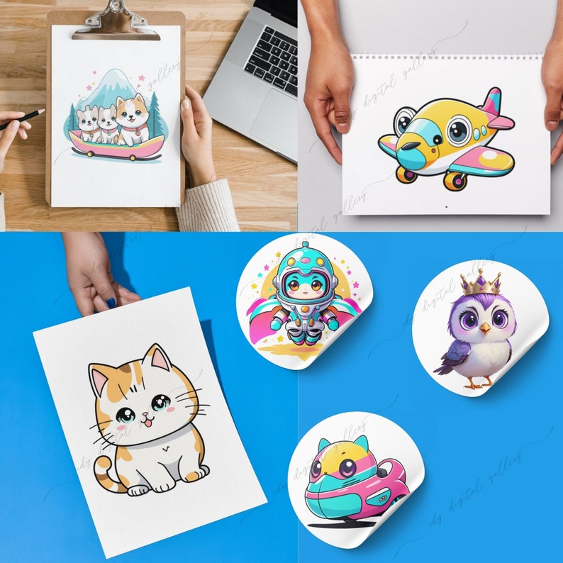 K&ouml;nnte beinhalten: Ein Set mit vier Aufklebern mit niedlichen Comicfiguren. Die Aufkleber sind rund und haben einen wei&szlig;en Hintergrund mit einem farbenfrohen Design. Die Figuren umfassen eine Katze, einen Pinguin, einen Astronauten und ein Auto. Die Aufkleber sind perfekt, um Ihrem Laptop, Ihrer Wasserflasche oder Ihrem Planer einen Hauch von Verspieltheit zu verleihen.