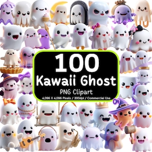 May include: A collection of 100 Kawaii Ghost PNG clipart images. The ghosts are white with various accessories and expressions, including hats, bows, and musical instruments. The image includes the text "100 Kawaii Ghost PNG Clipart".