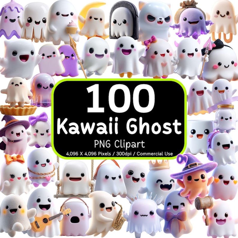 May include: A collection of 100 Kawaii Ghost PNG clipart images. The ghosts are white with various accessories and expressions, including hats, bows, and musical instruments. The image includes the text "100 Kawaii Ghost PNG Clipart".