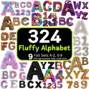 Lot de 324 chiffres et lettres de l'alphabet duveteux, PNG duveteux, alphabet mignon, motifs par sublimation, typographie numérique, sublimation alphabétique, lot de cliparts