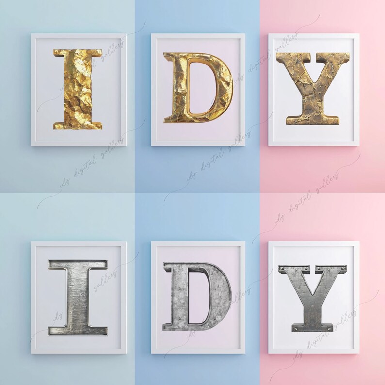 May include: Three white picture frames with gold and silver letters spelling out "I D Y". The frames are on a blue and pink background.