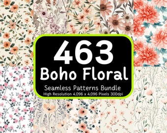 Pode incluir: Um conjunto de 463 padrões florais boho sem costura. Os padrões apresentam uma variedade de flores, folhas e ramos em tons de rosa, verde e branco. Os padrões são perfeitos para uso em projetos digitais e impressos.