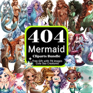 Bundle de cliparts sirène 404, cadeau gratuit avec de jolies créatures marines, aquarelle sirène mignonne, BUNDLES PNG, cliparts PNG, usage commercial