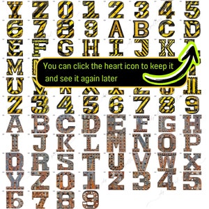 May include: A set of alphabet letters and numbers in a rusty metal style with black and yellow striped accents. The letters and numbers are arranged in rows and columns on a white background.