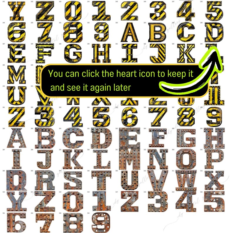 May include: A set of alphabet letters and numbers in a rusty metal style with black and yellow striped accents. The letters and numbers are arranged in rows and columns on a white background.