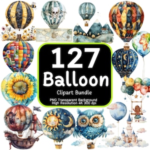 Pacchetto di clipart acquerello 127 palloncini, mongolfiera, palloncino Png, clipart di palloncini, decorazioni per la scuola materna, pacchetto di clipart, 4K ad alta risoluzione