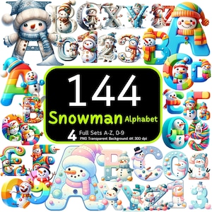 144 Schneemann Alphabete und Zahlen, süße Buchstaben, süßes Alphabet, süße Schneemann Clipart, Weihnachtscliparts, Alphabet Sublimation, Alphabet Bundle