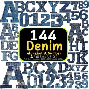 Paquete de 144 letras y números de mezclilla, letras de mezclilla, letras de patchwork, letras del alfabeto de tela, paquete de alfabeto, 300 ppp, uso comercial
