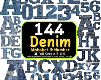144 Denim Alphabet & Numbers Bundle, Denim Letters, Patchwork Letters, Fabric Alphabet Letters, Alphabet Bundle, 300dpi, Commercial Use