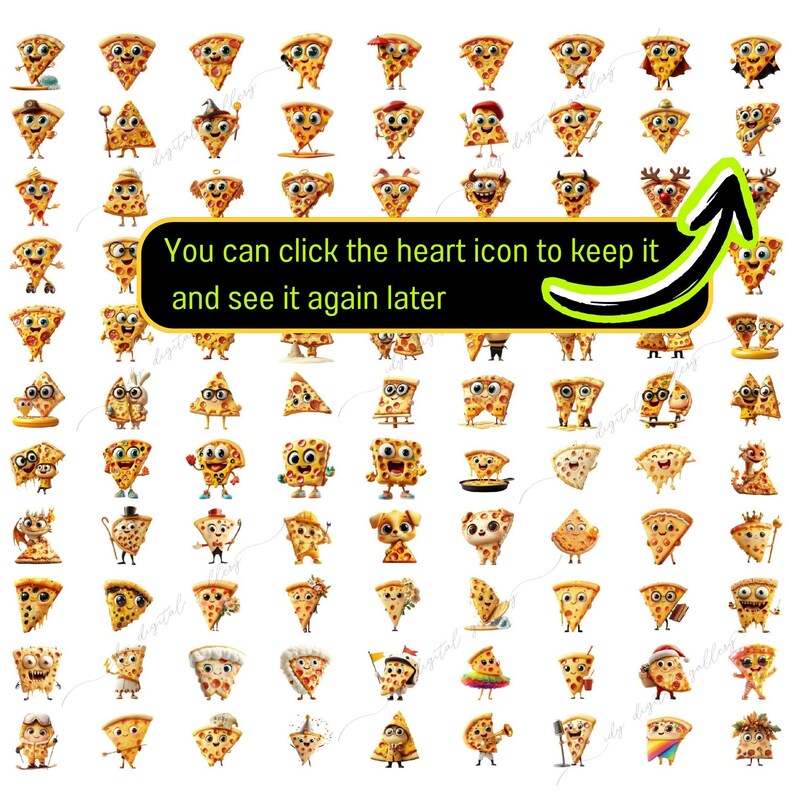 Op de afbeelding: Een raster met 81 afbeeldingen met cartoon pizza-punten met verschillende uitdrukkingen en accessoires. Elk pizza-punt heeft een glimlachend gezicht en draagt een andere outfit, zoals een hoed, zonnebril of een sjaal. De tekst "You can click the heart icon to keep it and see it again later" wordt in het midden van de afbeelding weergegeven.