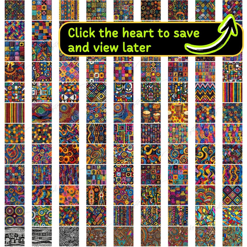 May include: A digital collage of 48 colorful, geometric patterns. The patterns are a mix of abstract, tribal, and geometric designs. The colors are bright and vibrant, and the patterns are all unique.