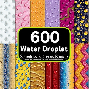 Puede incluir: Una colección de patrones sin costuras de gotas de agua en varios colores, incluyendo rosa, naranja, morado y azul. La imagen presenta un gráfico central con el texto "600 Water Droplet Seamless Patterns Bundle."