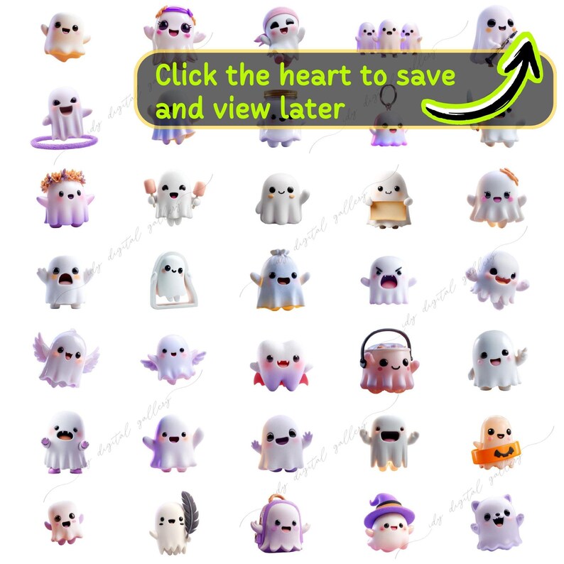 May include: A collection of various cartoon ghost figures in white, purple, and orange. Each ghost has unique accessories, such as hats, bows, and wings. The image includes the text "Click the heart to save and view later."