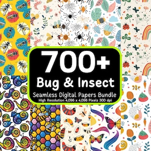 May include: A digital paper bundle featuring 700+ seamless patterns of bugs and insects. The patterns include bees, ladybugs, butterflies, snails, spiders, and more. The patterns are high resolution, 4,096 x 4,096 pixels, and 300 dpi.