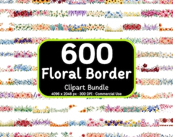 600 Floral Border, Watercolor Clipart Bundle, PNG Transparent, Flower Borders, Digital Download, Commercial Use
