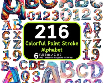 Paquete de alfabeto de trazo de pintura 216, letras de pintura, alfabeto colorido, trazo de pintura PNG, letras de pincel, alfabeto PNG, paquete de números de alfabeto