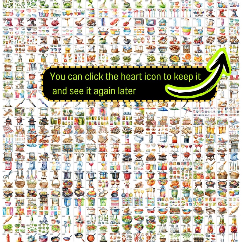 May include: A large collection of watercolor illustrations of various kitchen and food items, including cooking utensils, food ingredients, and prepared dishes. The illustrations are arranged in a grid pattern and are all in a realistic style.