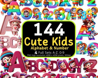 144 Cute Kids Alphabet & Numbers Bundle, Cute Letter Set, Cute Kids PNG Designs, Kids Clipart, Alphabet Bundle, 300dpi, Commercial Use
