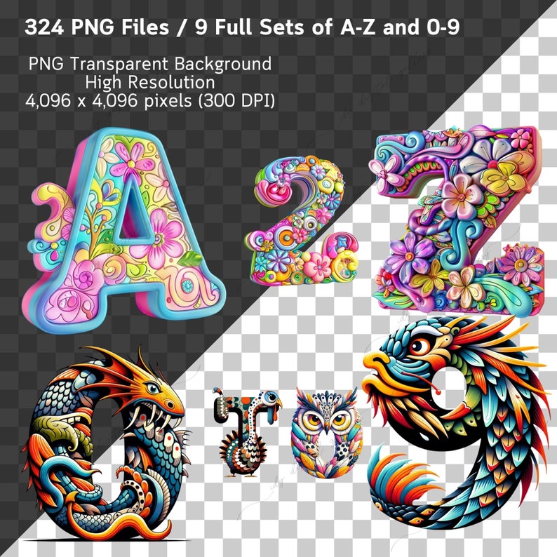 324 Whimsical Alphabet & Numbers Bundle, Whimsical Letters, Whimsical ...
