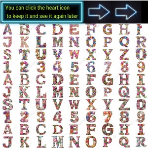 May include: A set of alphabet letters and numbers decorated with colorful floral patterns. The letters and numbers are in a bold, black font and are outlined in black. The floral patterns are made up of pink, purple, yellow, and blue flowers.