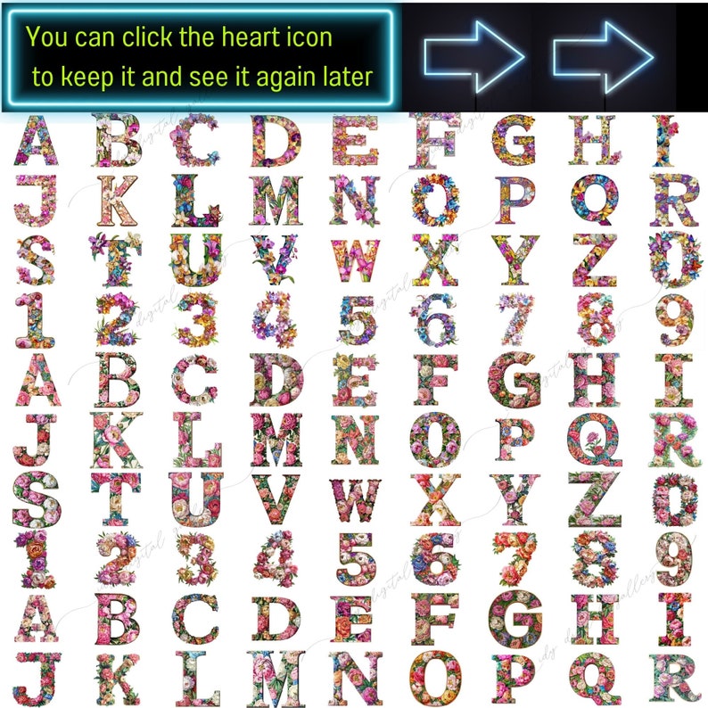 May include: A set of alphabet letters and numbers decorated with colorful floral patterns. The letters and numbers are in a bold, black font and are outlined in black. The floral patterns are made up of pink, purple, yellow, and blue flowers.