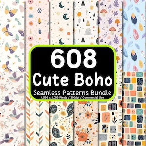 Op de afbeelding: Een digitale download van 608 schattige boho naadloze patronen. De patronen bevatten een verscheidenheid aan ontwerpen, waaronder vlinders, bloemen, bladeren, manen, sterren en geometrische vormen. De patronen zijn perfect voor het maken van digitale en gedrukte projecten, zoals stof, behang, inpakpapier en briefpapier.
