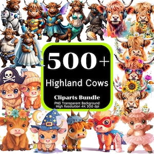 500 以上のハイランド牛のクリップアート バンドル、ハイランド牛 PNG、水彩 PNG、ハイランド牛のクリップアート、かわいい赤ちゃんハイランド牛、クリップアート バンドル、4K 高解像度
