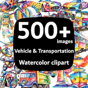 500+ Watercolor Vehicle & Transportation Clipart, PNG Clipart, High-Resolution 4K with transparent background, Commercial Use