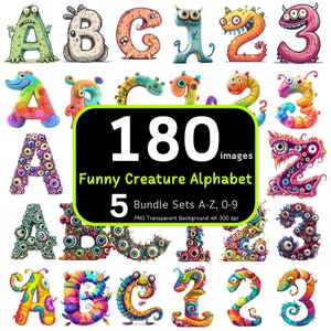 Bundle alphabet créature drôle 180, monstre mignon PNG, clipart drôle de monstre, clipart Alphabet, lot de l'alphabet, haute résolution 4K, usage Commercial