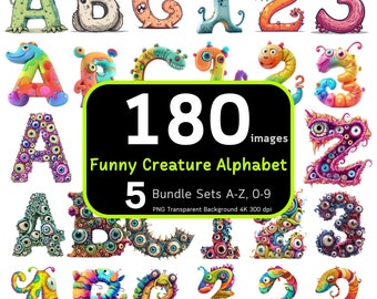 180 Funny Creature Alphabet Bundle, Cute Monster PNG, Funny Monster Clipart, Alphabet Clipart, Alphabet Bundle, 4K High-Res, Commercial Use