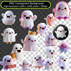 May include: A collection of cartoon ghost illustrations in various poses and colors. Some ghosts have crowns, suitcases, or accessories. The image has a transparent background and text that reads "PNG Transparent Background High Resolution 4,096 x 4,096 pixels / 300dpi."