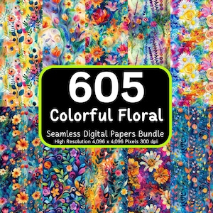 605 motivi floreali colorati senza soluzione di continuità, fiori senza soluzione di continuità, carte digitali floreali, fiori colorati, pacchetto di carta digitale, pacchetto senza soluzione di continuità
