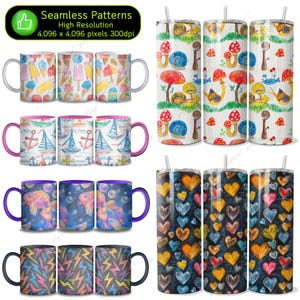 May include: Set of 12 sublimation designs featuring various patterns. The designs include a colorful ice cream pattern, a nautical pattern with anchors and sailboats, a fish pattern with bubbles, a heart pattern, and a lightning bolt pattern. The designs are perfect for creating custom mugs, tumblers, and other sublimation products.