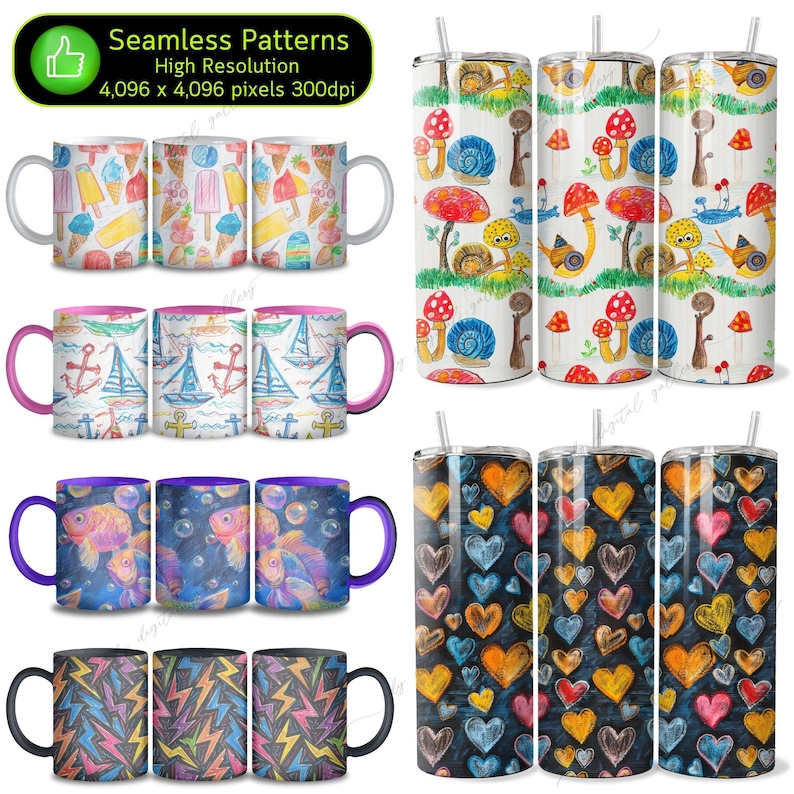 May include: Set of 12 sublimation designs featuring various patterns. The designs include a colorful ice cream pattern, a nautical pattern with anchors and sailboats, a fish pattern with bubbles, a heart pattern, and a lightning bolt pattern. The designs are perfect for creating custom mugs, tumblers, and other sublimation products.