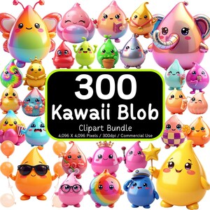 Op de afbeelding: Een bundel van 300 Kawaii Blob clipart-afbeeldingen. De blobs zijn in verschillende kleuren en ontwerpen, sommige met accessoires zoals zonnebrillen, kronen en ballonnen. De afbeeldingen zijn 4.096 x 4.096 pixels en 300 dpi, geschikt voor commercieel gebruik.