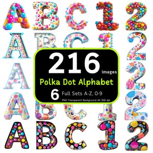 Pacchetto alfabeto a pois 216, lettere a pois, clipart a pois, sublimazione dell'alfabeto, numeri dell'alfabeto, pacchetto alfabeto, 4K ad alta risoluzione