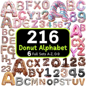 Bundel 216 donut alfabet en cijfers, zoete lekkernijen PNG, schattig alfabet, png-alfabet, digitale typografie, alfabetsublimatie, ClipArt-bundel