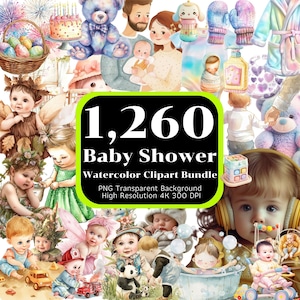 1,260 Baby Shower Watercolor Clipart Bundle, Nursery Decor, Newborn Images, PNG Clipart, High-Res 4K transparent background, Commercial Use